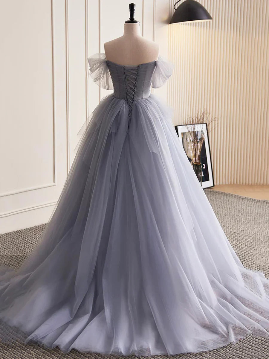 Gray Tulle Long A-Line Prom Dress, Off Shoulder Evening Dress Party Dress TP361