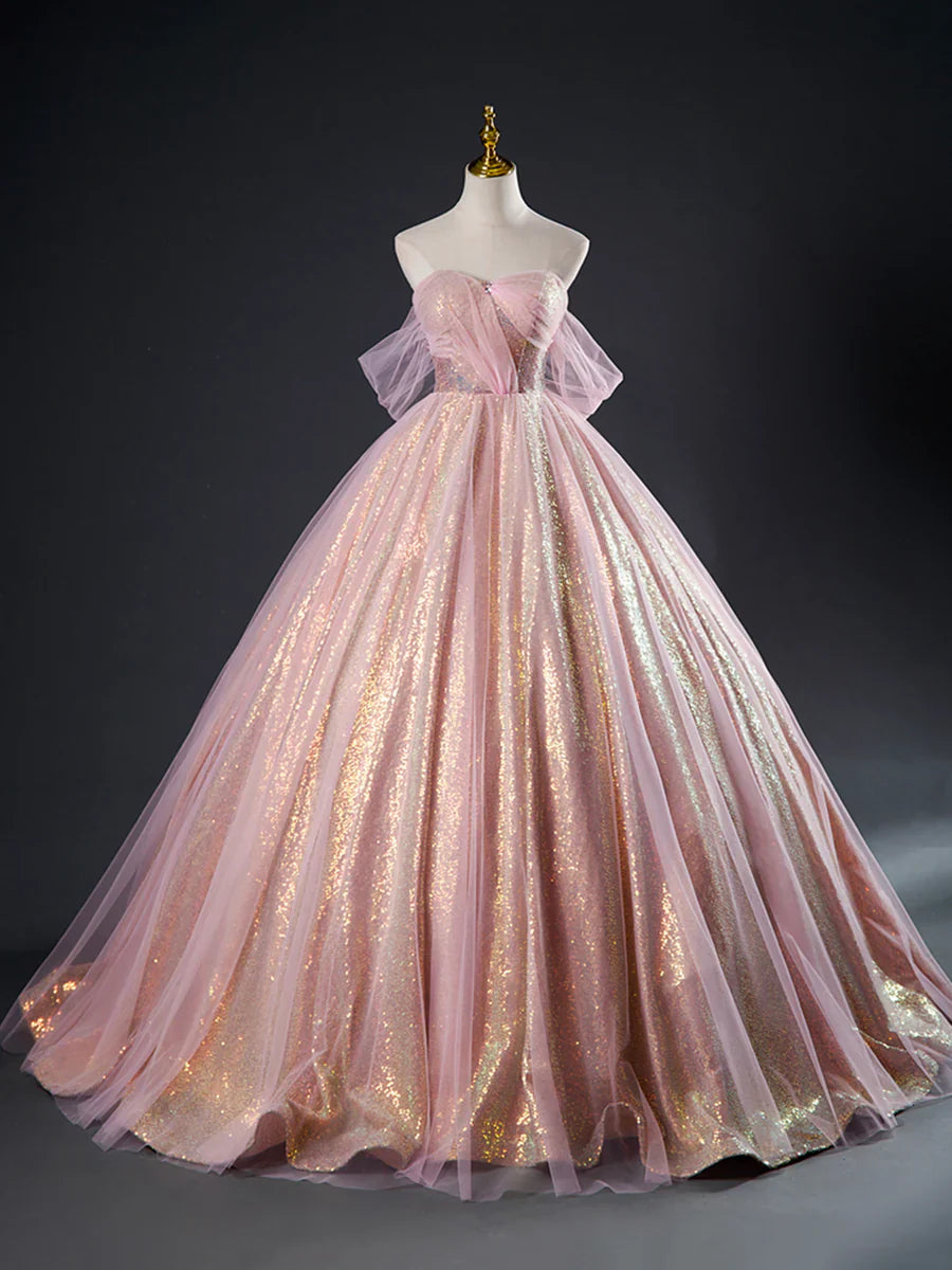 Vestido largo de fiesta con lentejuelas de tul rosa, precioso vestido formal de corte A para quinceañeras TP362