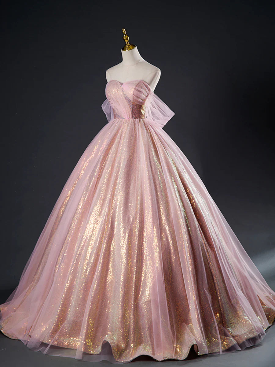 Vestido largo de fiesta con lentejuelas de tul rosa, precioso vestido formal de corte A para quinceañeras TP362