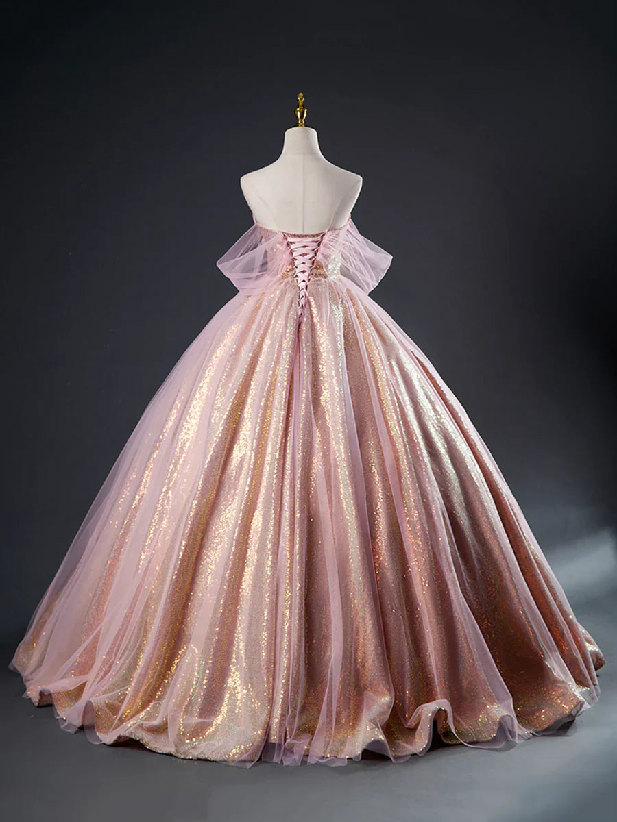 Vestido largo de fiesta con lentejuelas de tul rosa, precioso vestido formal de corte A para quinceañeras TP362