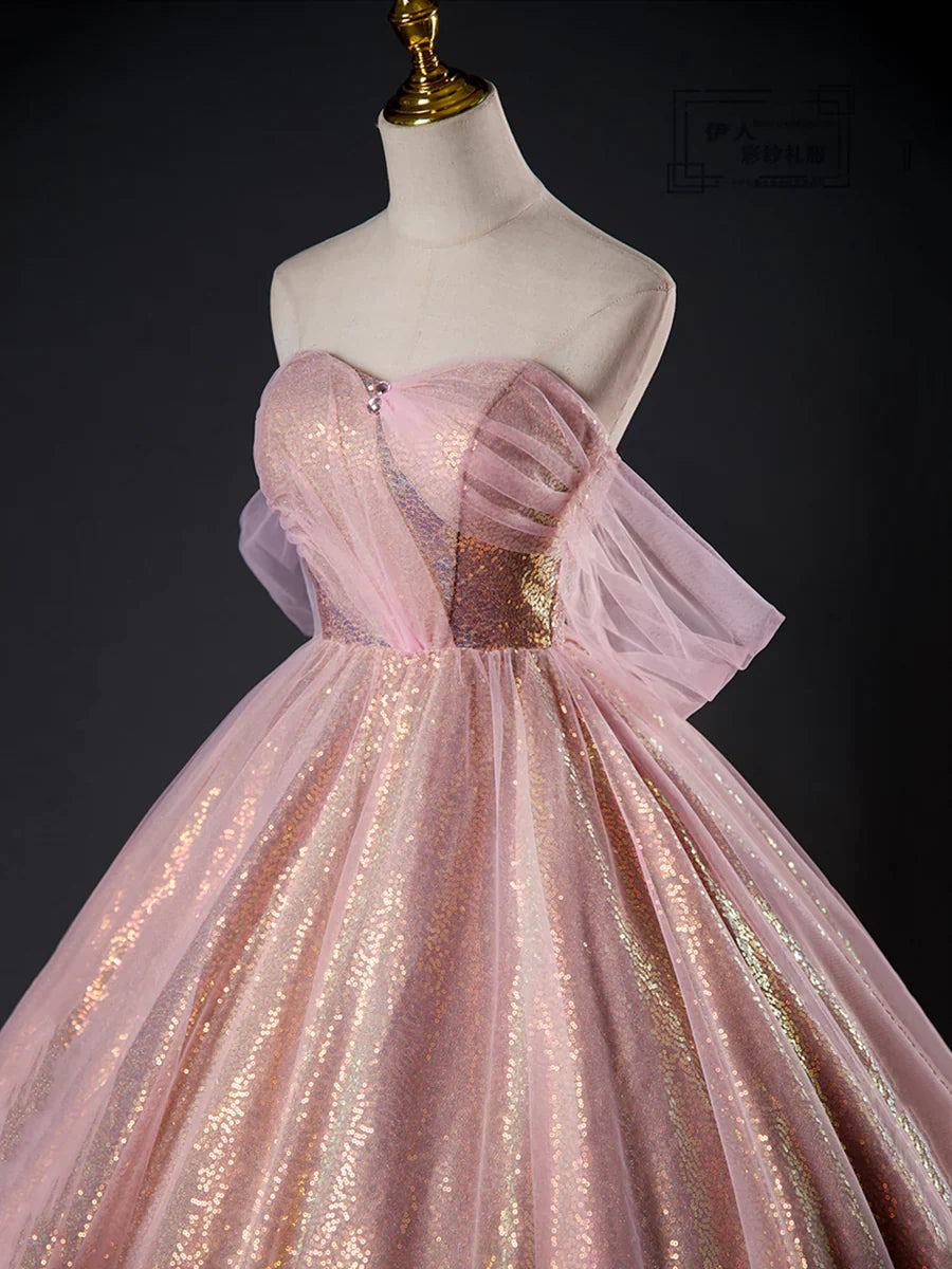 Vestido largo de fiesta con lentejuelas de tul rosa, precioso vestido formal de corte A para quinceañeras TP362