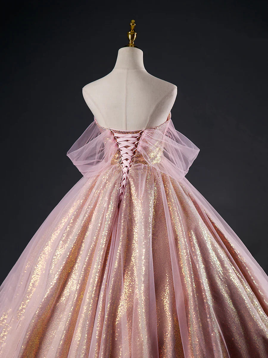 Vestido largo de fiesta con lentejuelas de tul rosa, precioso vestido formal de corte A para quinceañeras TP362