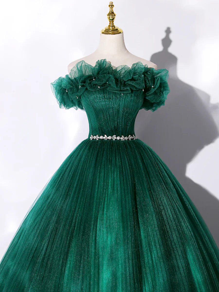 Green Off Shoulder Tulle Formal Dress, A-Line Long Prom Dress TP377