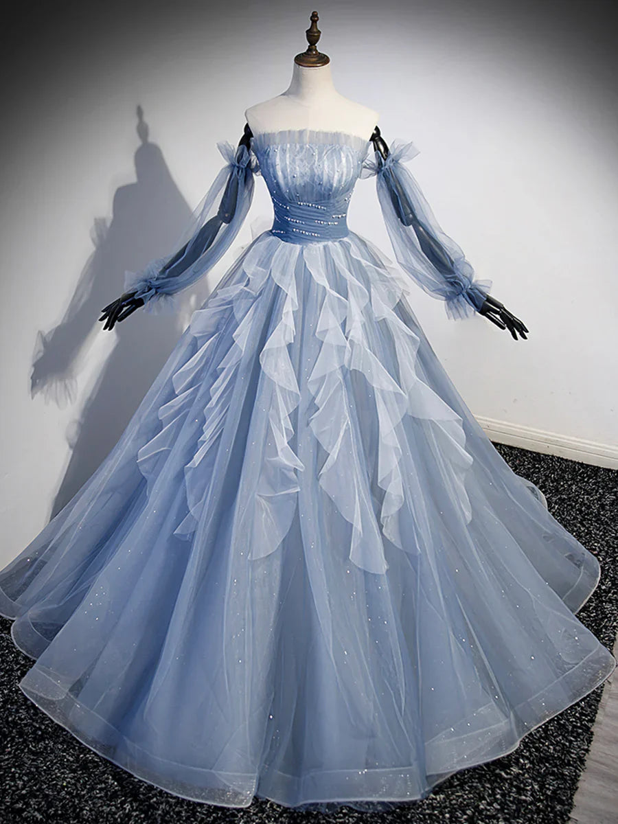 Blue Strapless Tulle Long Prom Dress, Chic A-Line Formal Dress with Long Sleeves TP388