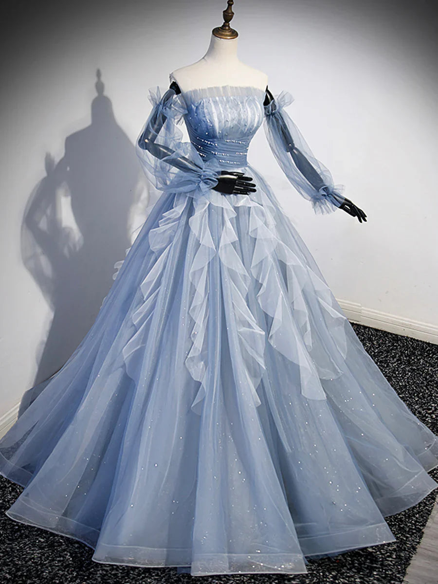 Blue Strapless Tulle Long Prom Dress, Chic A-Line Formal Dress with Long Sleeves TP388