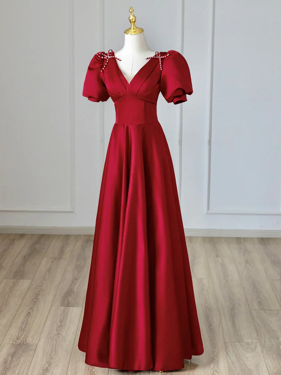 Vestido de fiesta largo de satén con escote en V burdeos, vestido de noche formal burdeos TP393