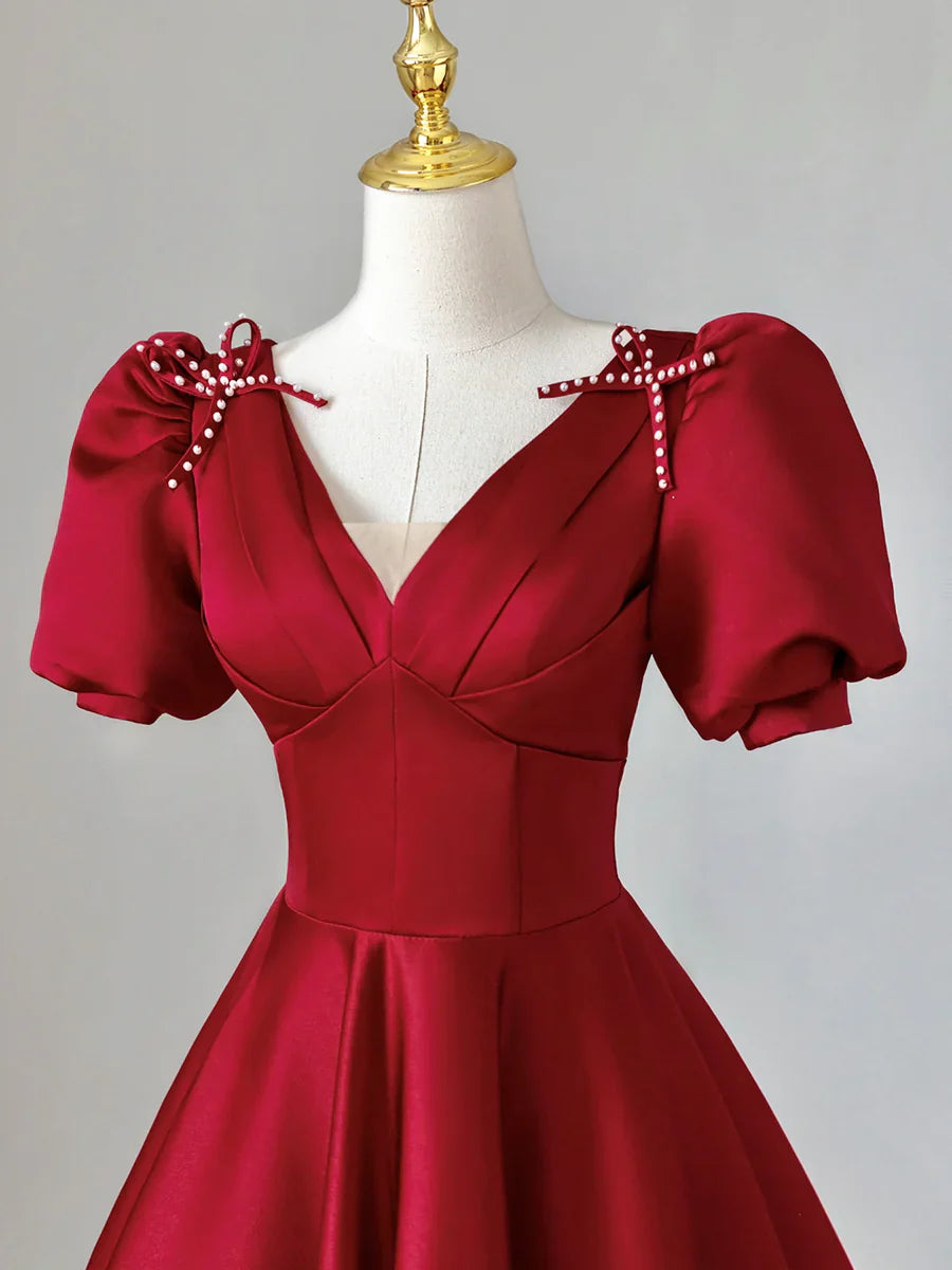 Vestido de fiesta largo de satén con escote en V burdeos, vestido de noche formal burdeos TP393