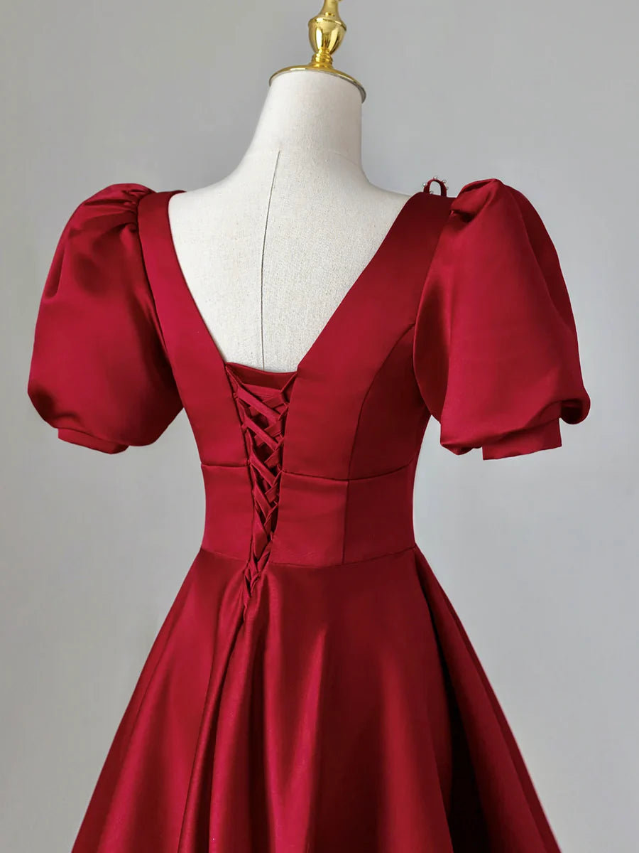 Vestido de fiesta largo de satén con escote en V burdeos, vestido de noche formal burdeos TP393