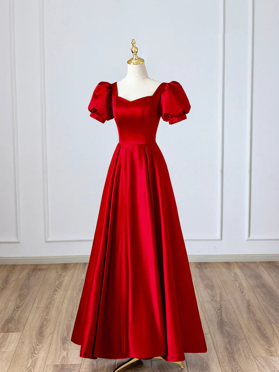 Vestido de fiesta largo de satén rojo, sencillo, corte A, manga corta, para noche, TP394