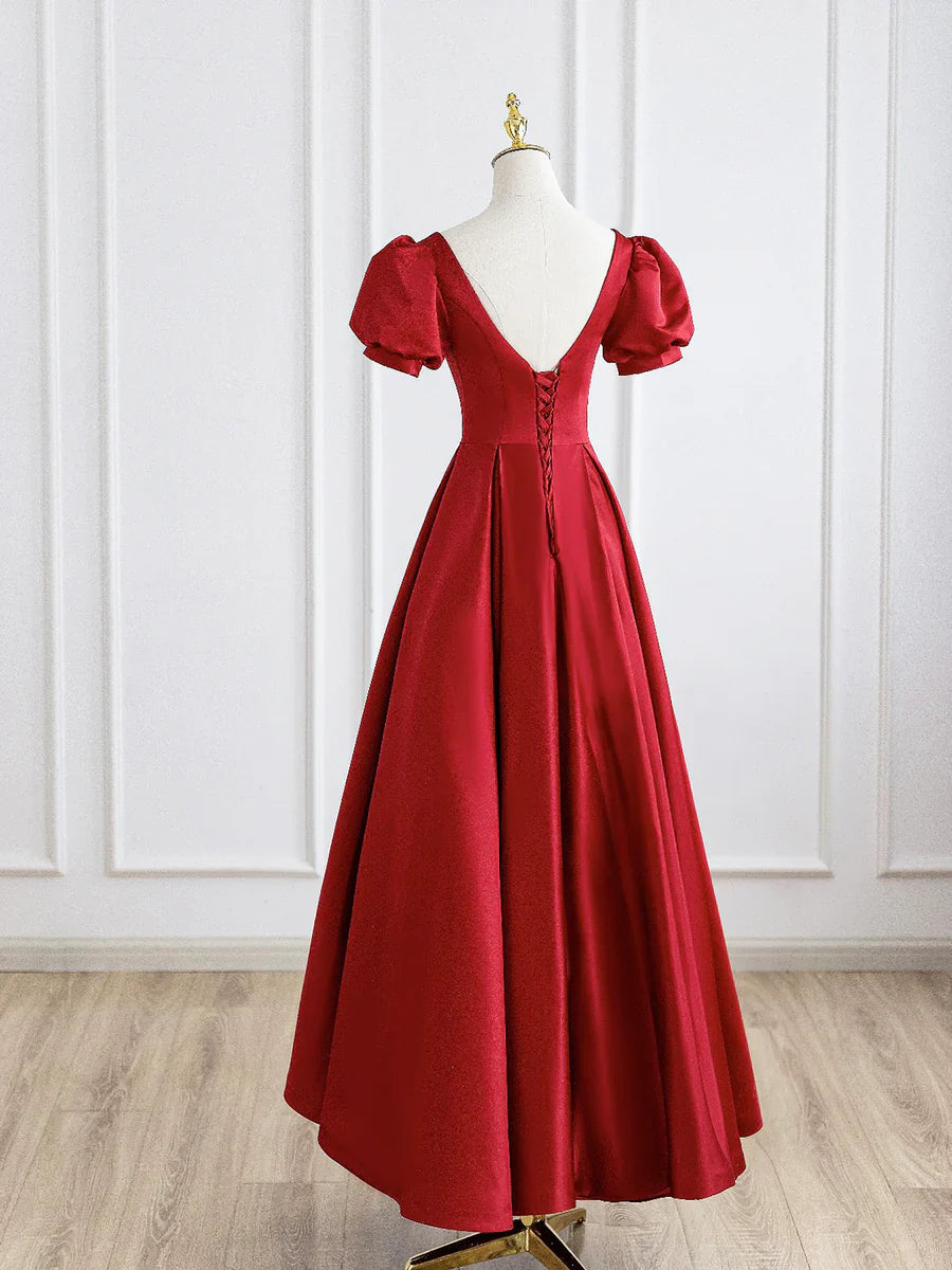 Vestido de fiesta largo de satén rojo, sencillo, corte A, manga corta, para noche, TP394
