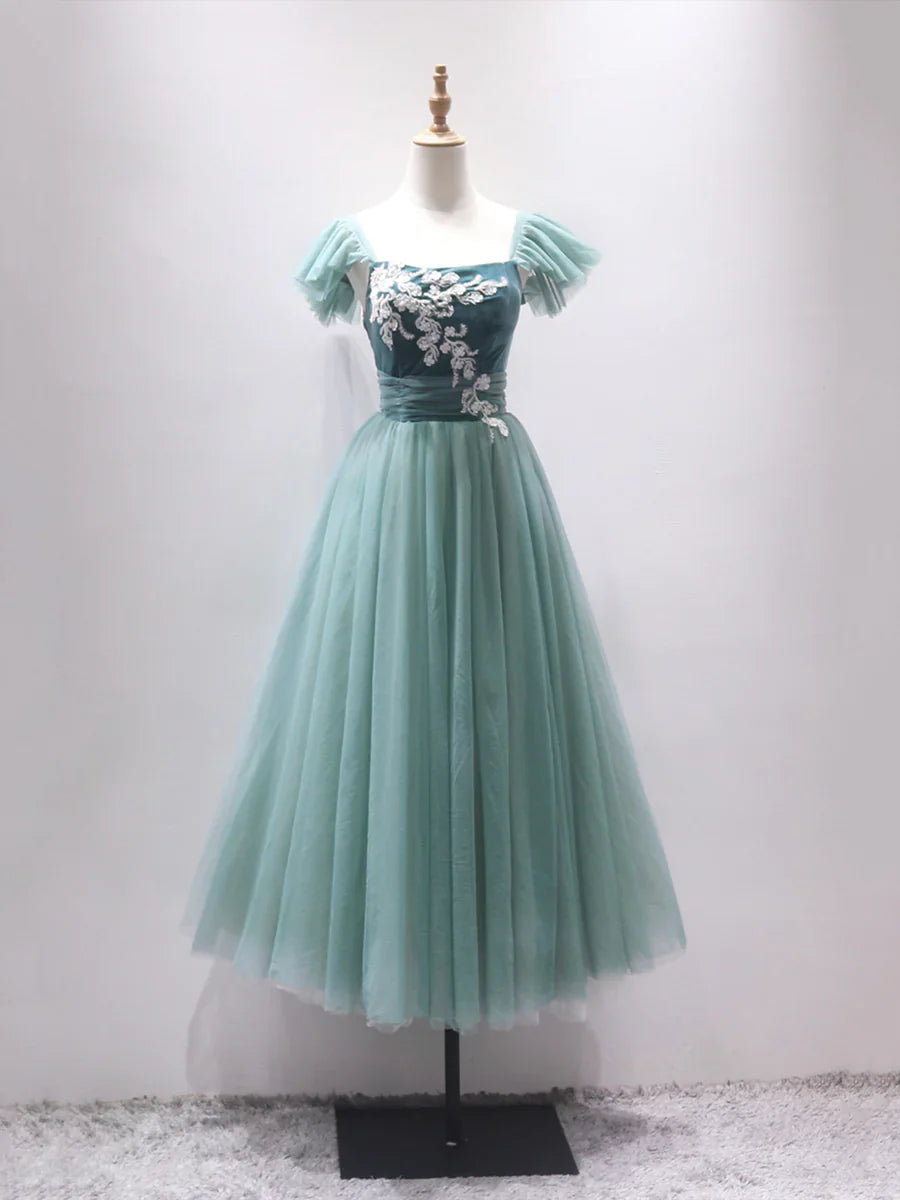 Vestido de fiesta de tul verde, largo hasta la rodilla, con encaje, corte A, TP396