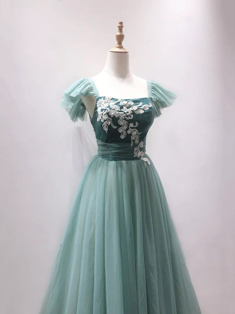 Vestido de fiesta de tul verde, largo hasta la rodilla, con encaje, corte A, TP396