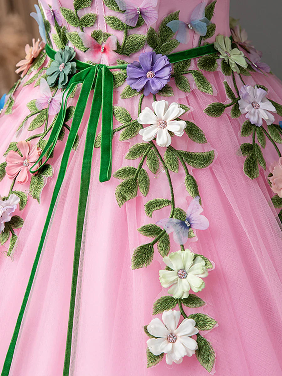 Vestidos de fiesta largos con flores de tul rosa, preciosos vestidos formales de corte espagueti para quinceañeras TP398