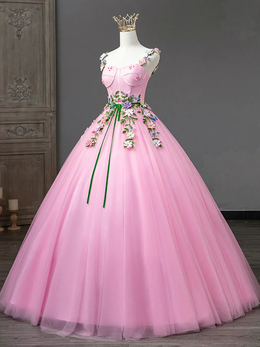 Vestidos de fiesta largos con flores de tul rosa, preciosos vestidos formales de corte espagueti para quinceañeras TP398