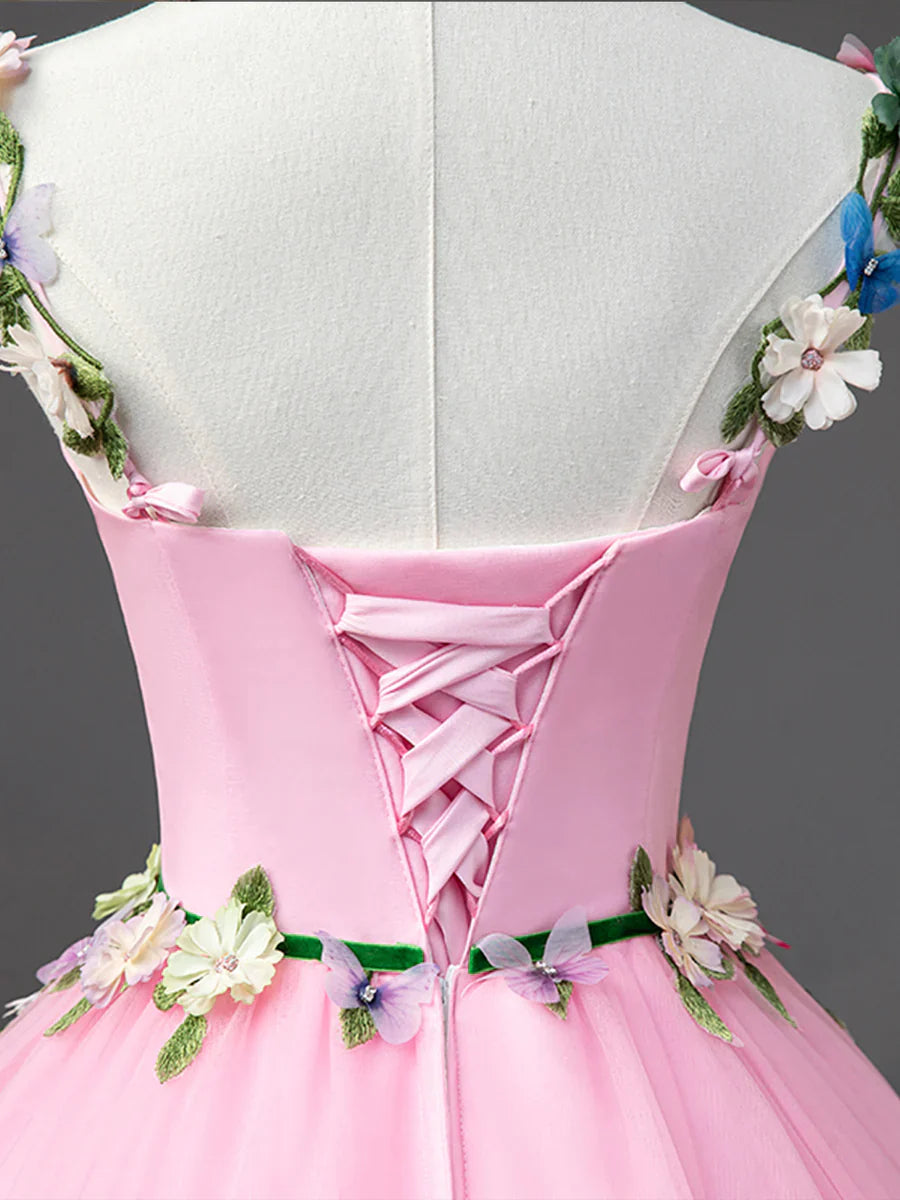 Vestidos de fiesta largos con flores de tul rosa, preciosos vestidos formales de corte espagueti para quinceañeras TP398