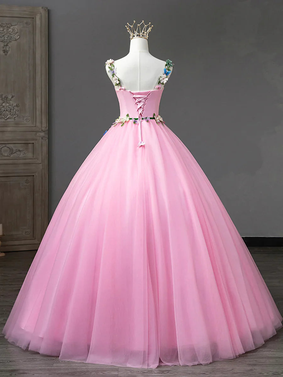 Vestidos de fiesta largos con flores de tul rosa, preciosos vestidos formales de corte espagueti para quinceañeras TP398