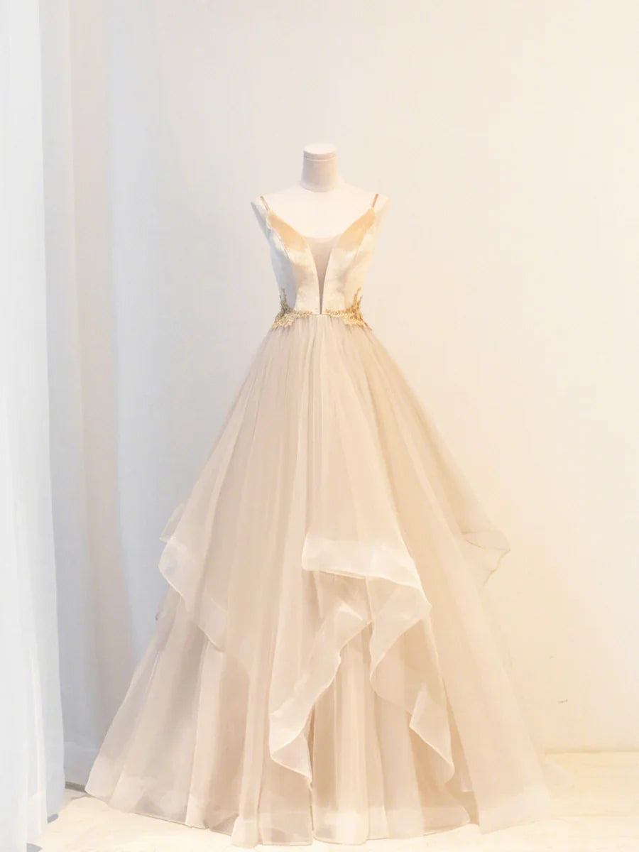 Vestido de fiesta largo de terciopelo y tul color champán, escote en V y tirantes finos, TP417