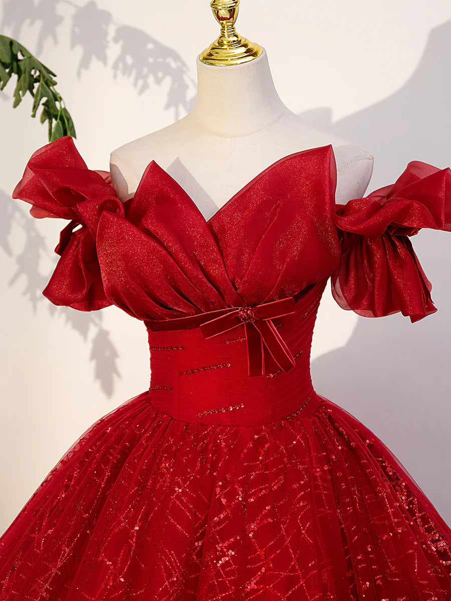 Vestido de fiesta largo de tul rojo, corte A, hombros descubiertos, rojo, TP418