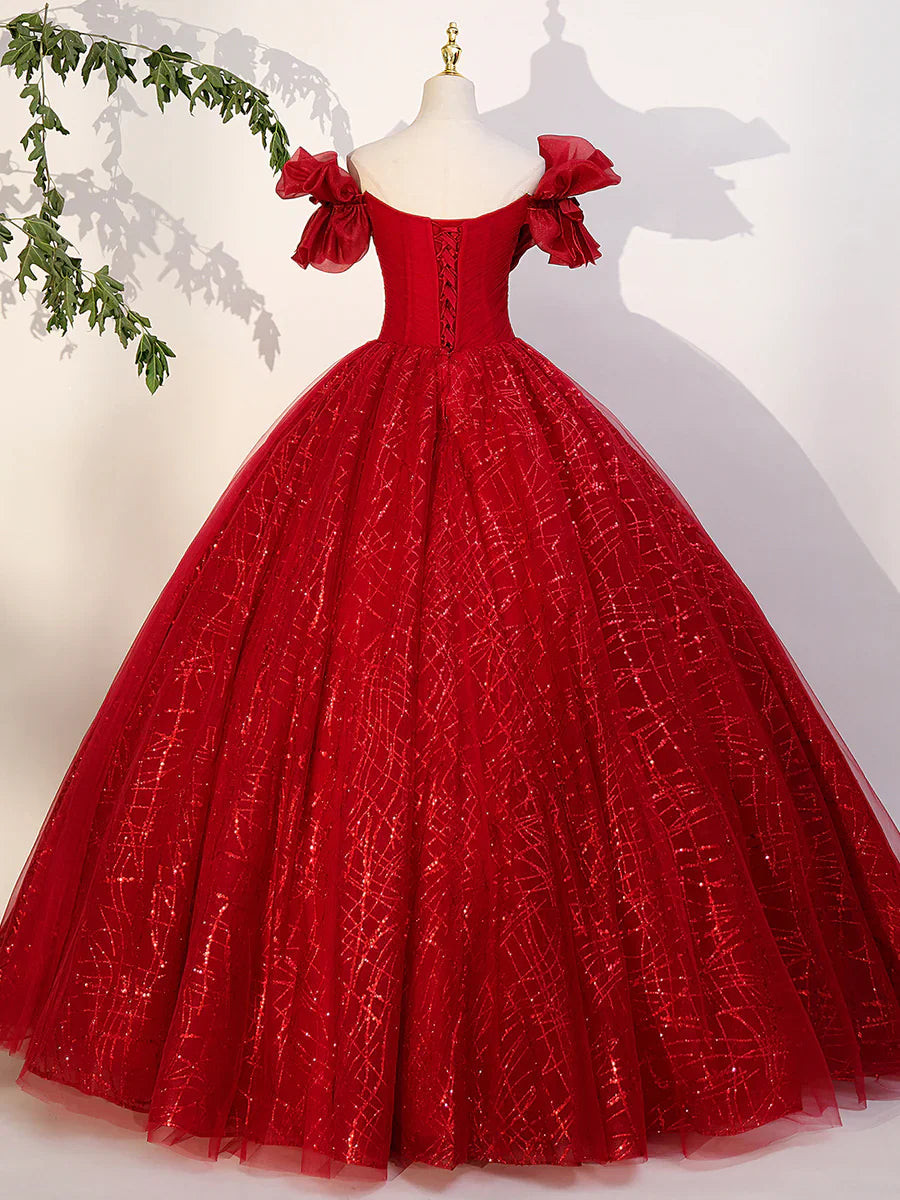 Vestido de fiesta largo de tul rojo, corte A, hombros descubiertos, rojo, TP418