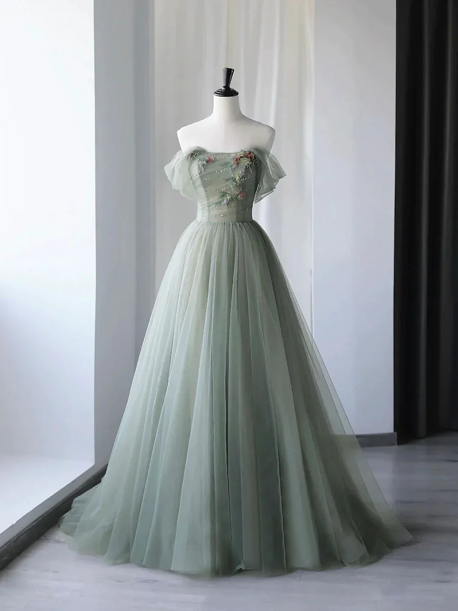 Hermoso vestido de fiesta largo de tul verde, vestido de noche con hombros descubiertos TP422