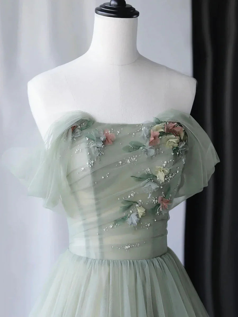 Hermoso vestido de fiesta largo de tul verde, vestido de noche con hombros descubiertos TP422