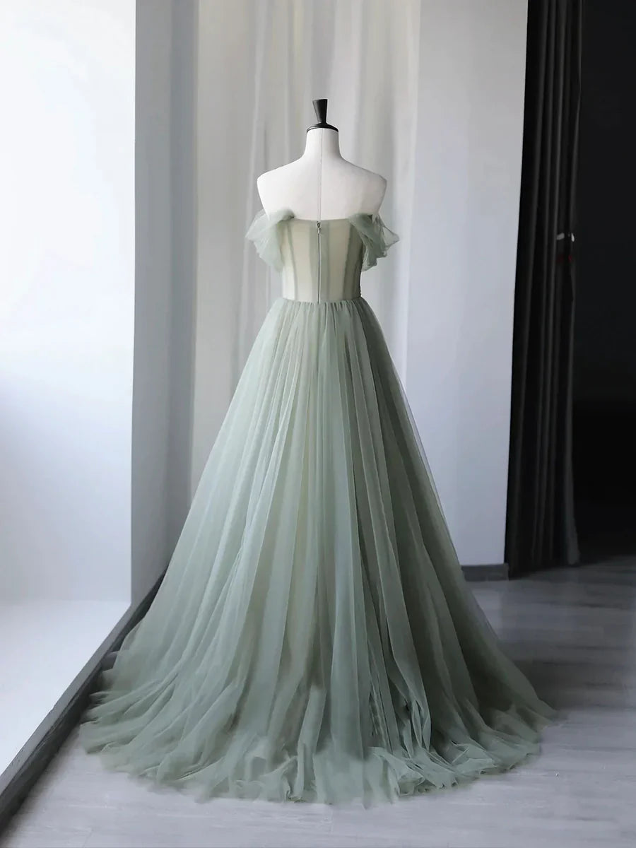 Hermoso vestido de fiesta largo de tul verde, vestido de noche con hombros descubiertos TP422