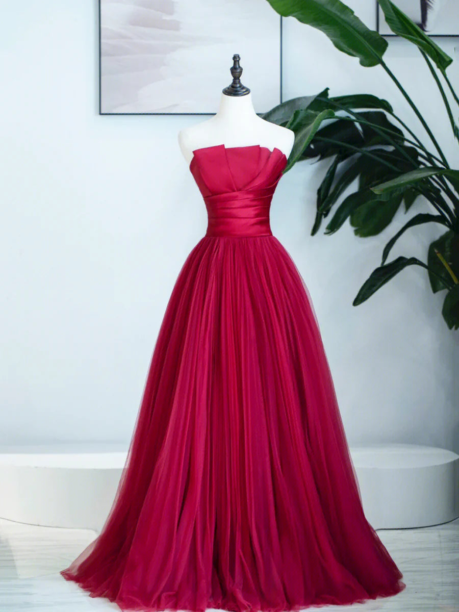 Vestido de fiesta de tul sin tirantes burdeos, vestido formal largo burdeos TP424