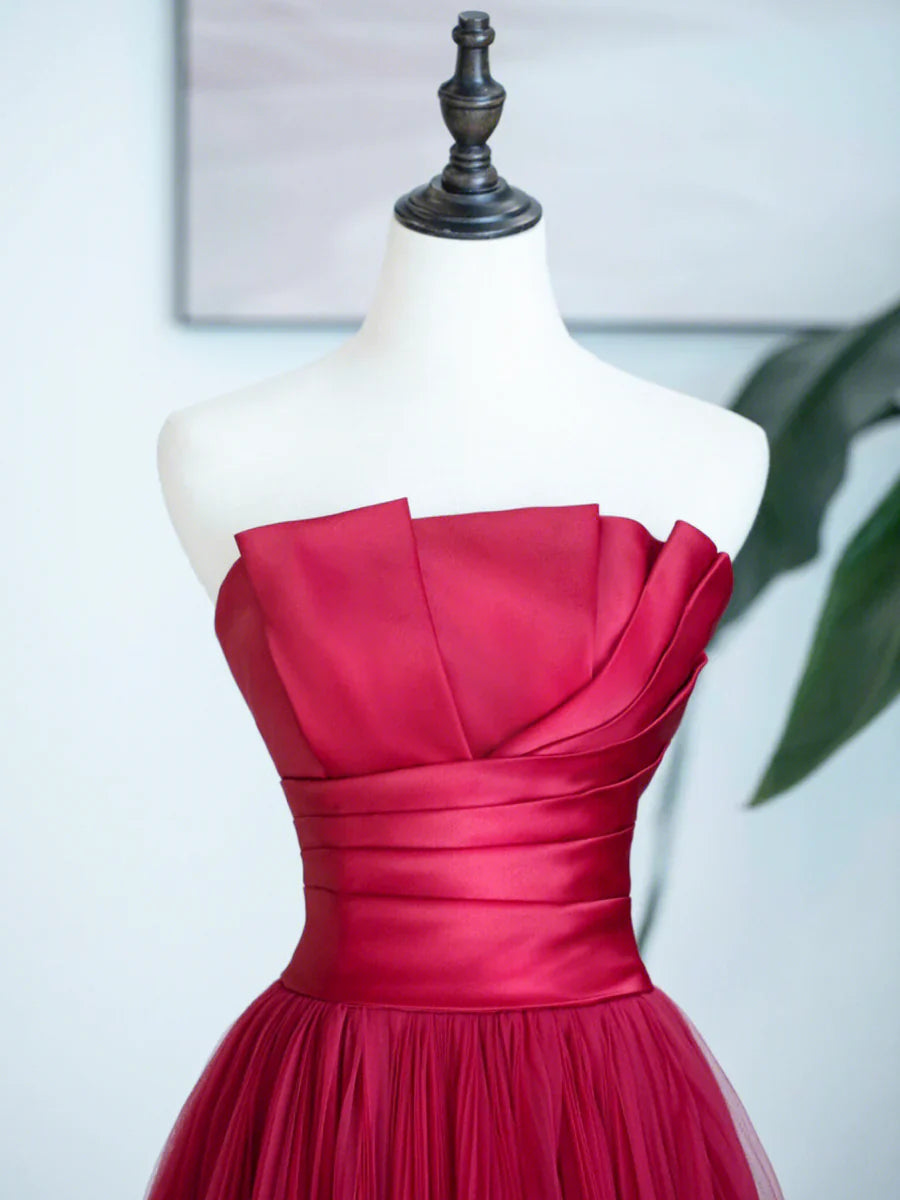 Vestido de fiesta de tul sin tirantes burdeos, vestido formal largo burdeos TP424