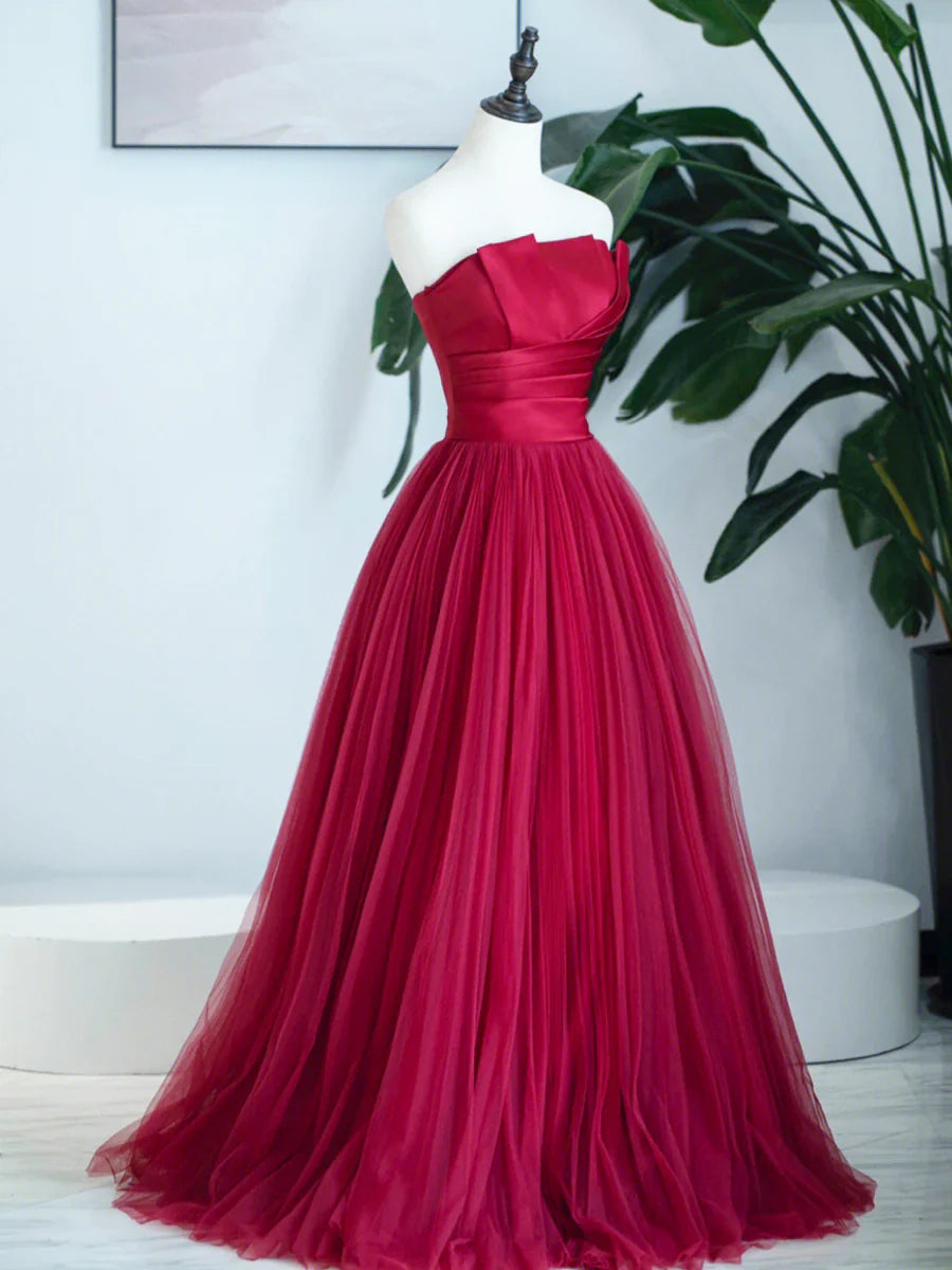 Vestido de fiesta de tul sin tirantes burdeos, vestido formal largo burdeos TP424
