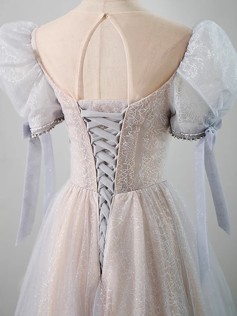 Hermoso vestido de fiesta largo de tul con cuentas, corte A, manga corta, TP429