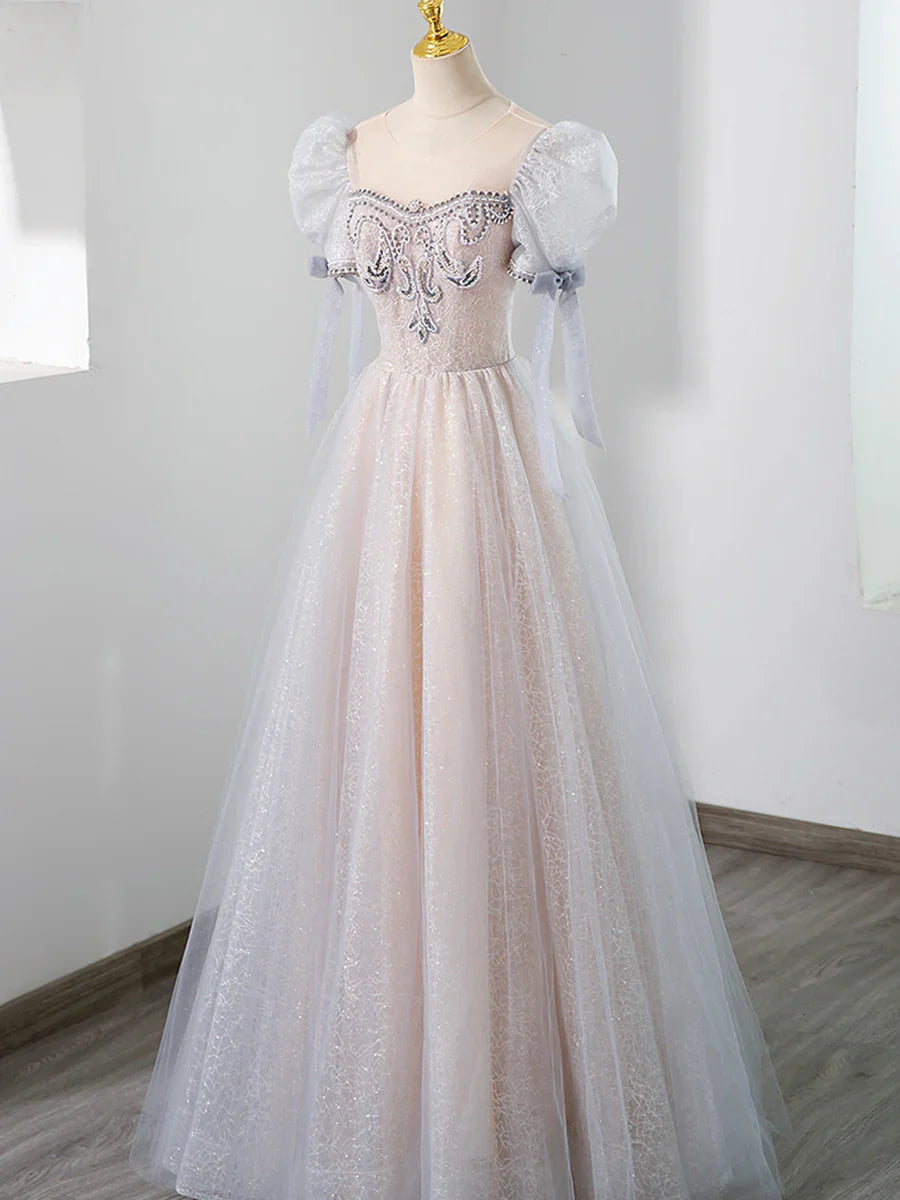 Hermoso vestido de fiesta largo de tul con cuentas, corte A, manga corta, TP429