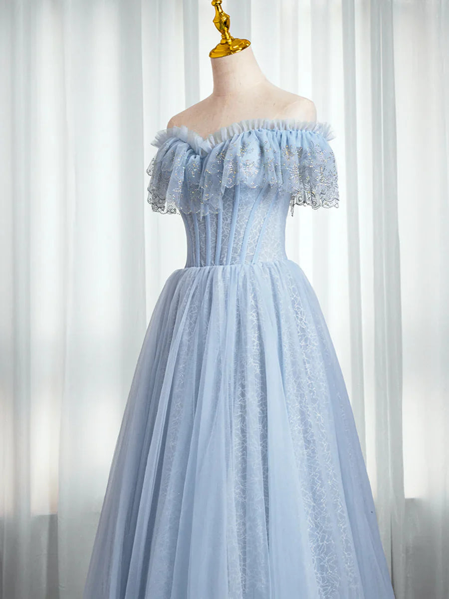 Vestido de fiesta azul con escote en forma de corazón y cuentas, hombros descubiertos, vestido de noche azul de corte A TP437