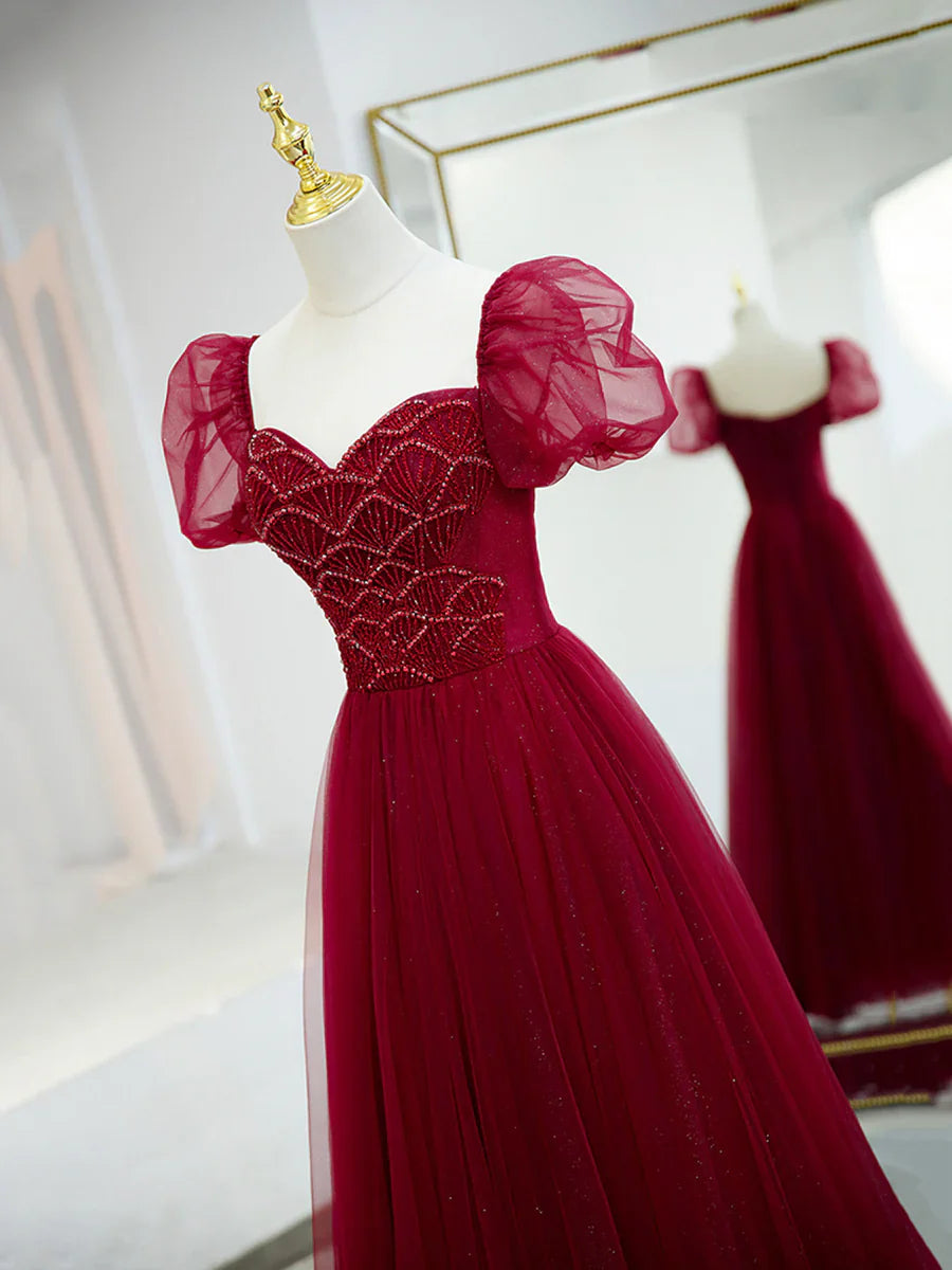 Burgundy Tulle Beaded Long Prom Dress, A-Line Short Sleeve Evening Dress TP440