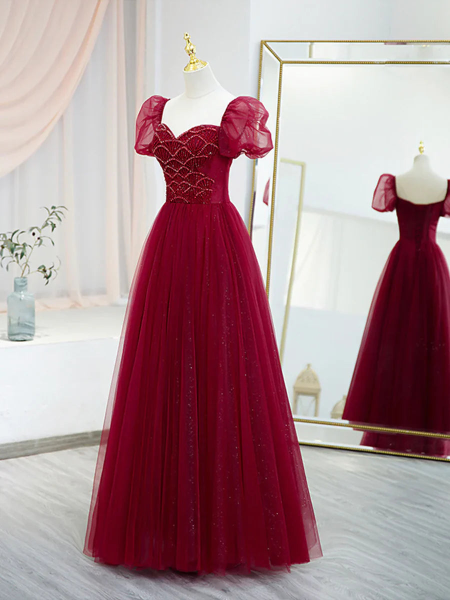 Burgundy Tulle Beaded Long Prom Dress, A-Line Short Sleeve Evening Dress TP440