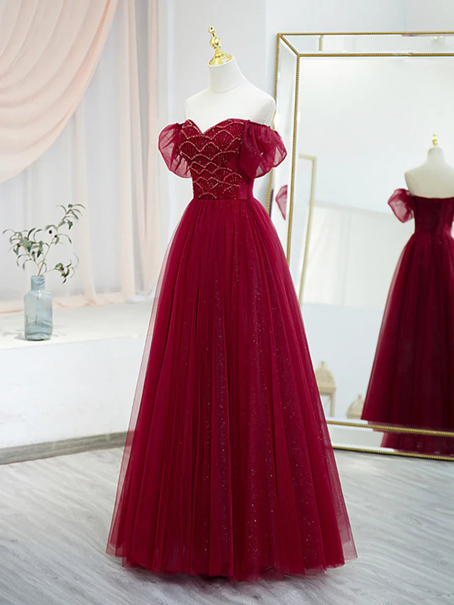 Burgundy Tulle Beaded Long Prom Dress, A-Line Short Sleeve Evening Dress TP440