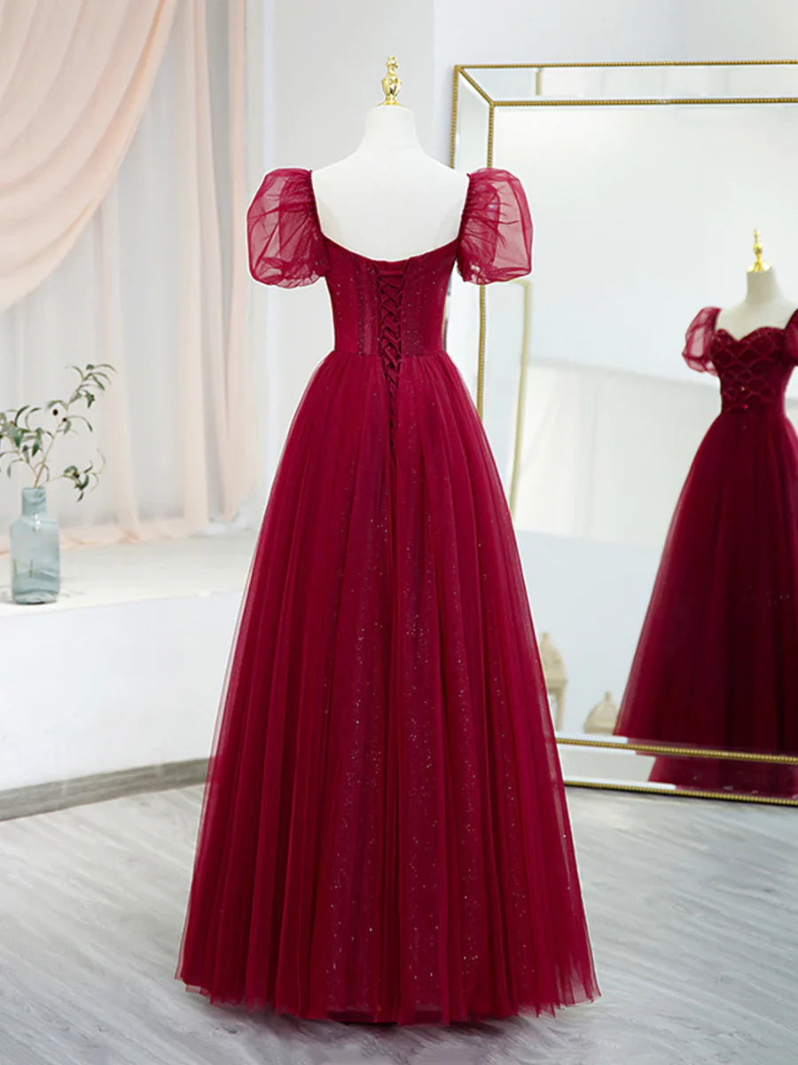 Burgundy Tulle Beaded Long Prom Dress, A-Line Short Sleeve Evening Dress TP440