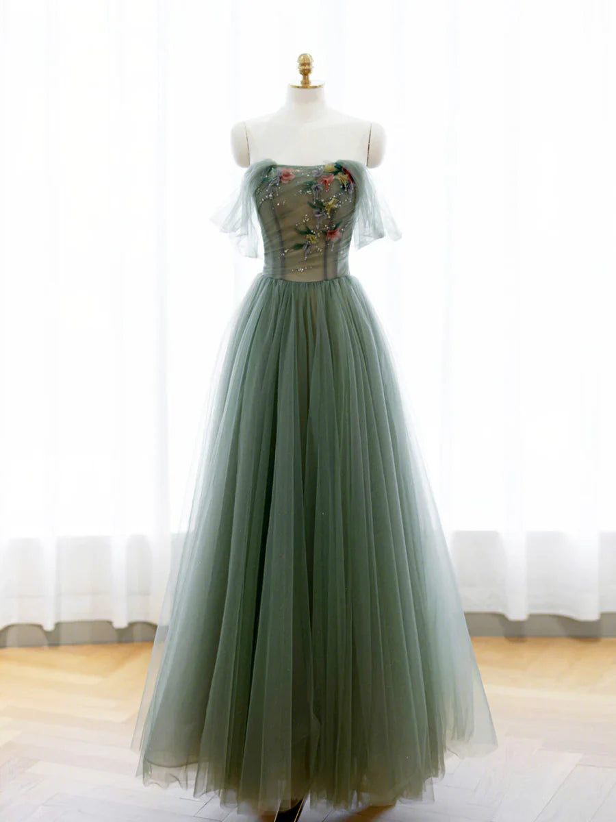 Vestido de fiesta largo de tul verde con corte en A y hombros descubiertos TP443