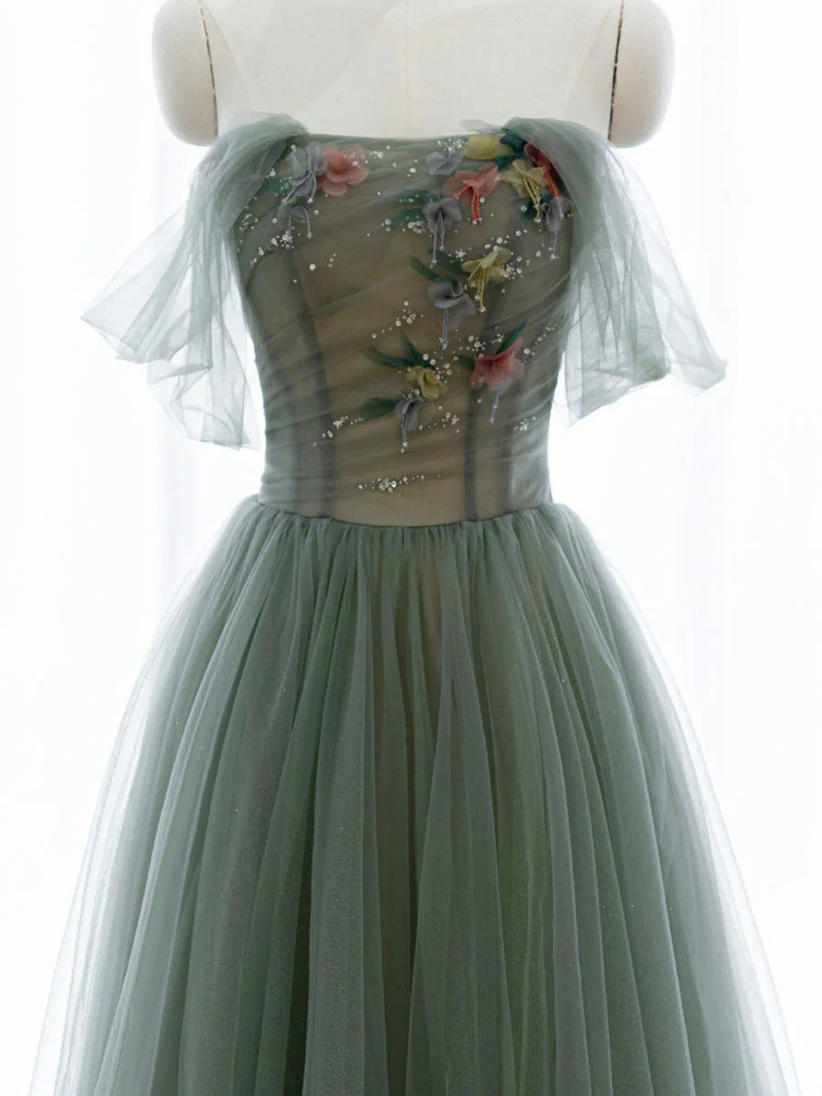 Vestido de fiesta largo de tul verde con corte en A y hombros descubiertos TP443