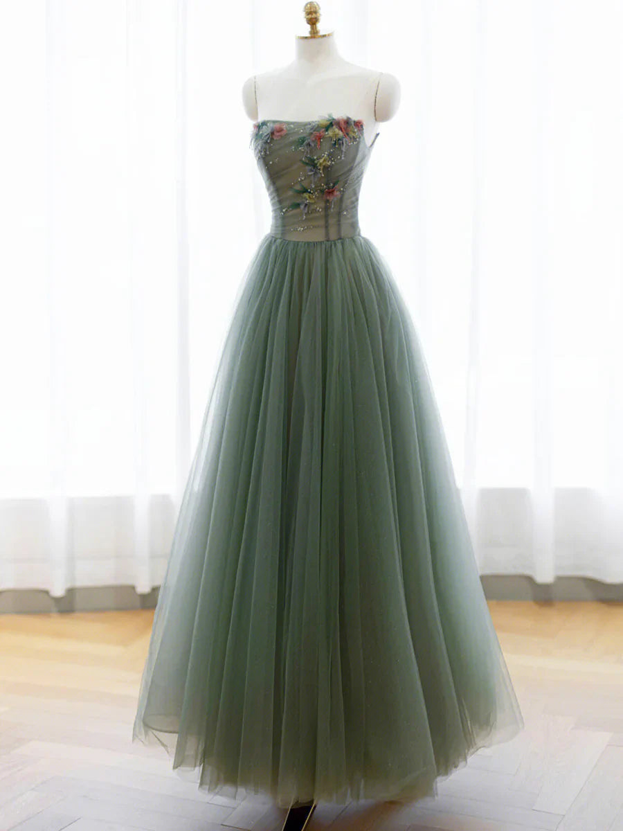 Vestido de fiesta largo de tul verde con corte en A y hombros descubiertos TP443