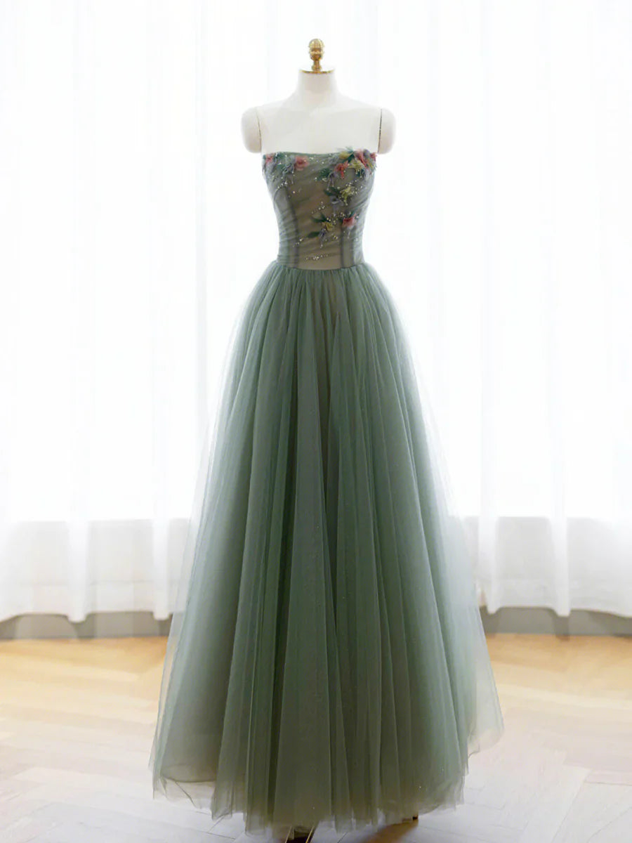 Vestido de fiesta largo de tul verde con corte en A y hombros descubiertos TP443
