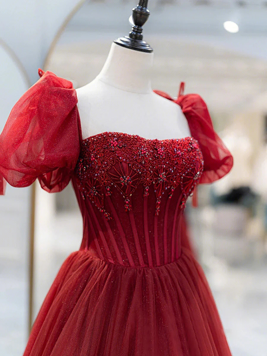 Burgundy Tulle Beaded Long Prom Dress, A-Line Short Sleeve Evening Dress TP446