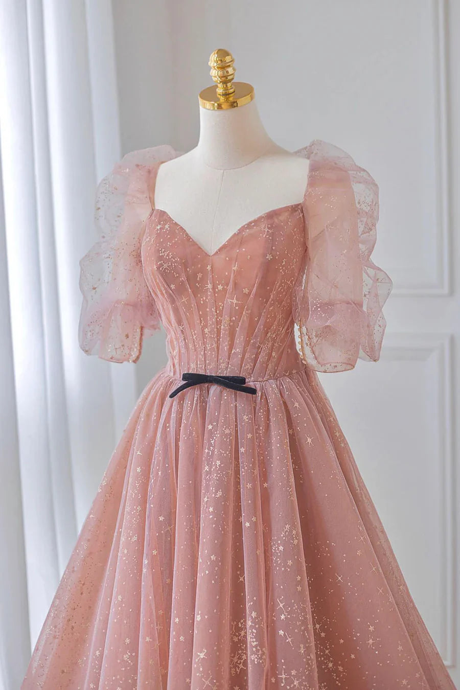 Vestido de fiesta de tul rosa hasta el suelo, precioso vestido de fiesta de graduación de manga corta TP452