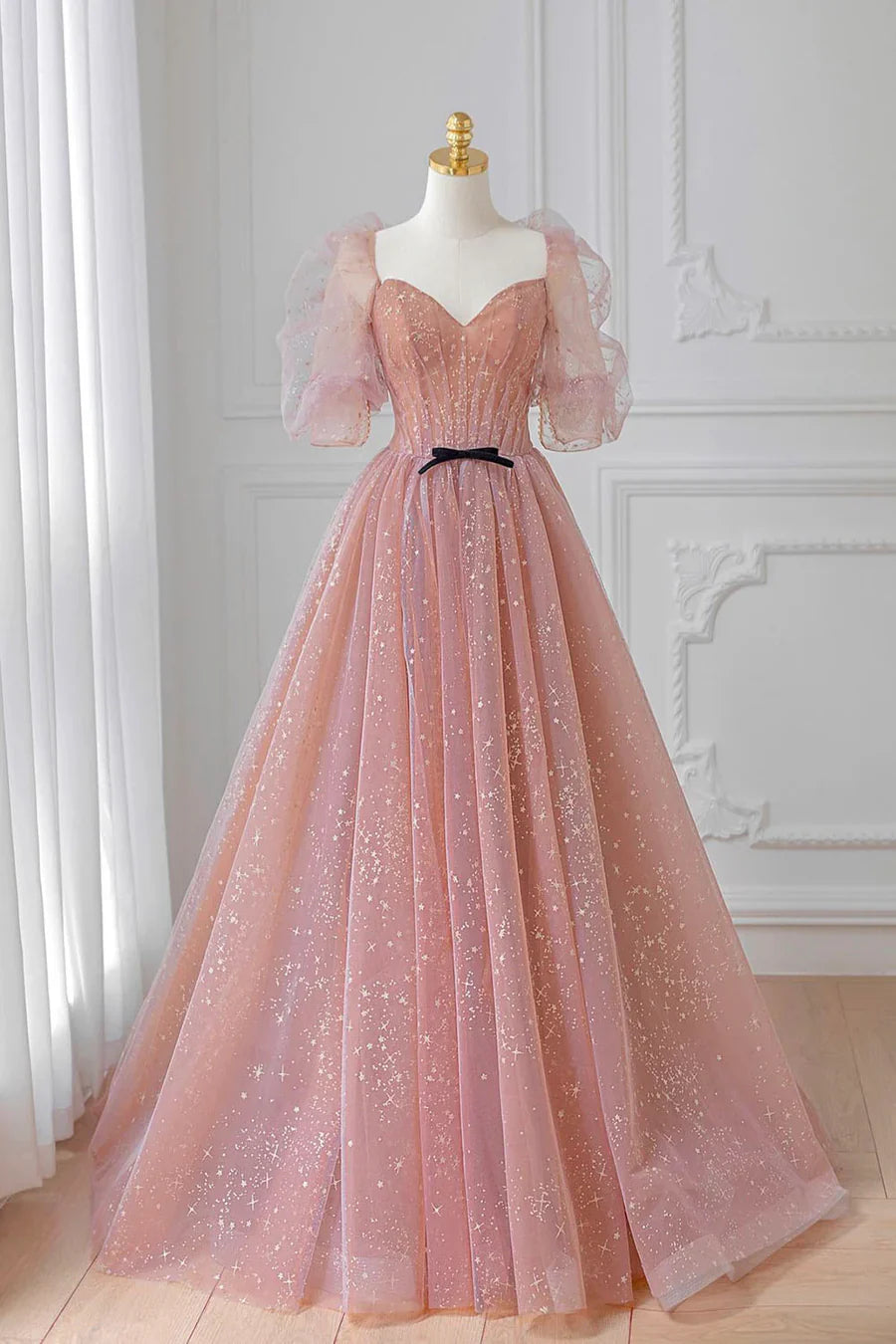 Vestido de fiesta de tul rosa hasta el suelo, precioso vestido de fiesta de graduación de manga corta TP452