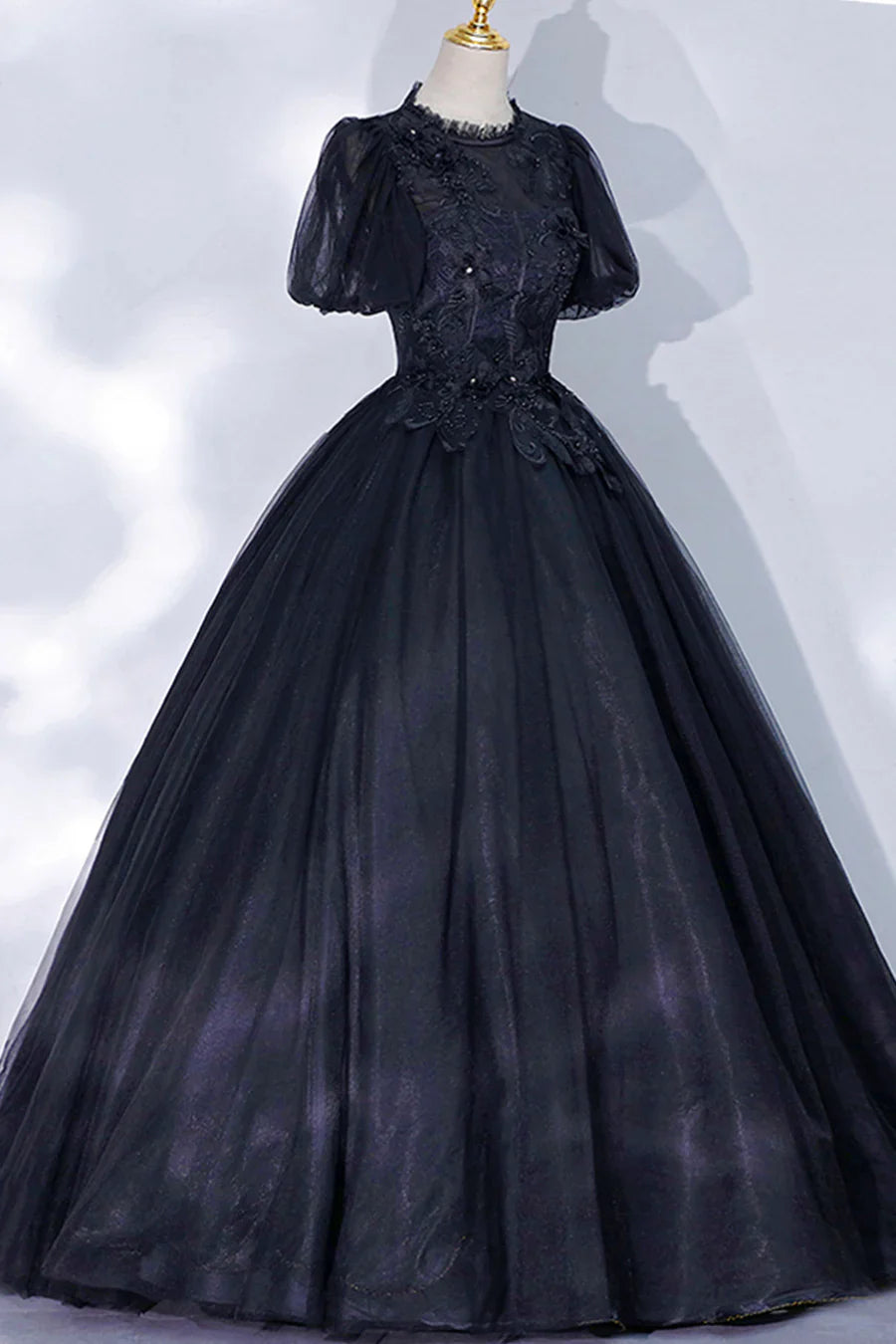 Black Tulle Lace Long A-Line Prom Dress, A-Line Short Sleeve Evening Gown TP498