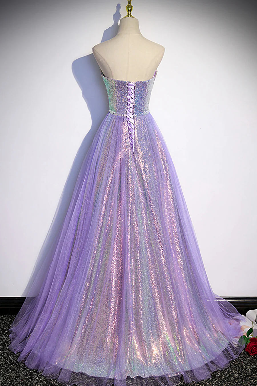 Vestido de fiesta morado sin tirantes con lentejuelas, largo hasta el suelo, corte A, TP508