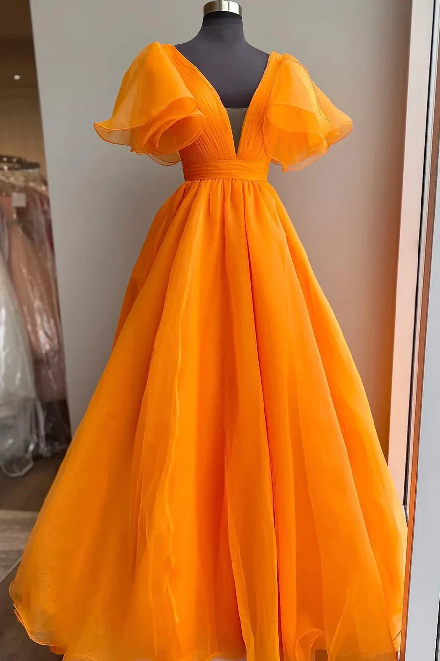 Vestido de fiesta largo de organza naranja, corte A, precioso vestido de noche con escote en V TP521