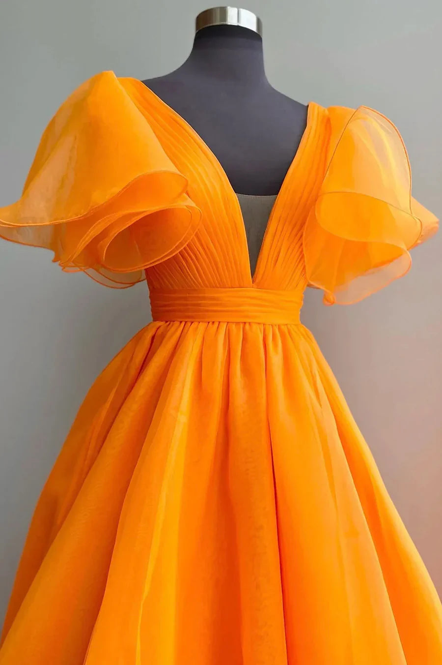 Vestido de fiesta largo de organza naranja, corte A, precioso vestido de noche con escote en V TP521