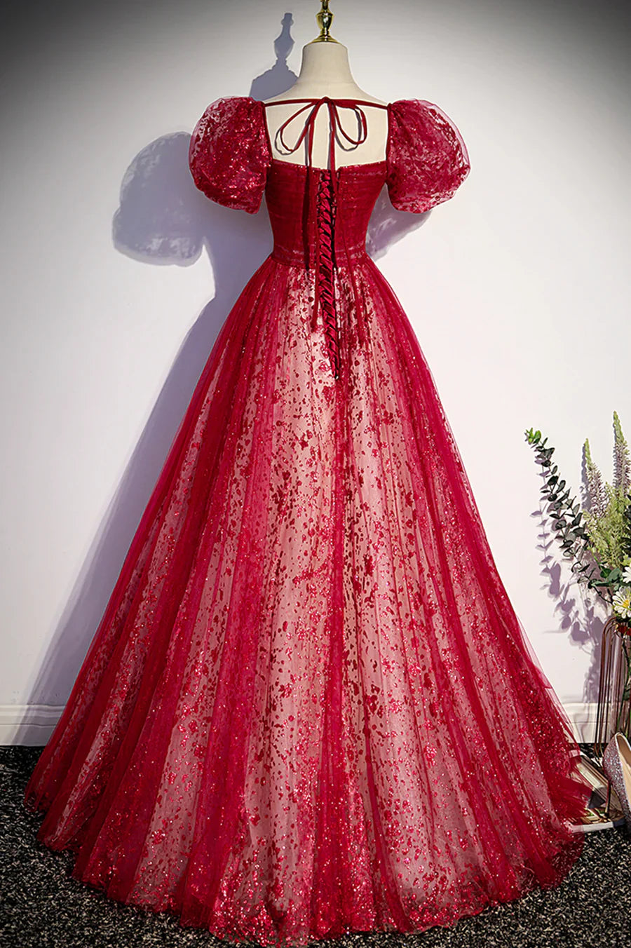 Vestido de noche formal de tul color burdeos, manga corta, vestido de fiesta largo de corte A TP558
