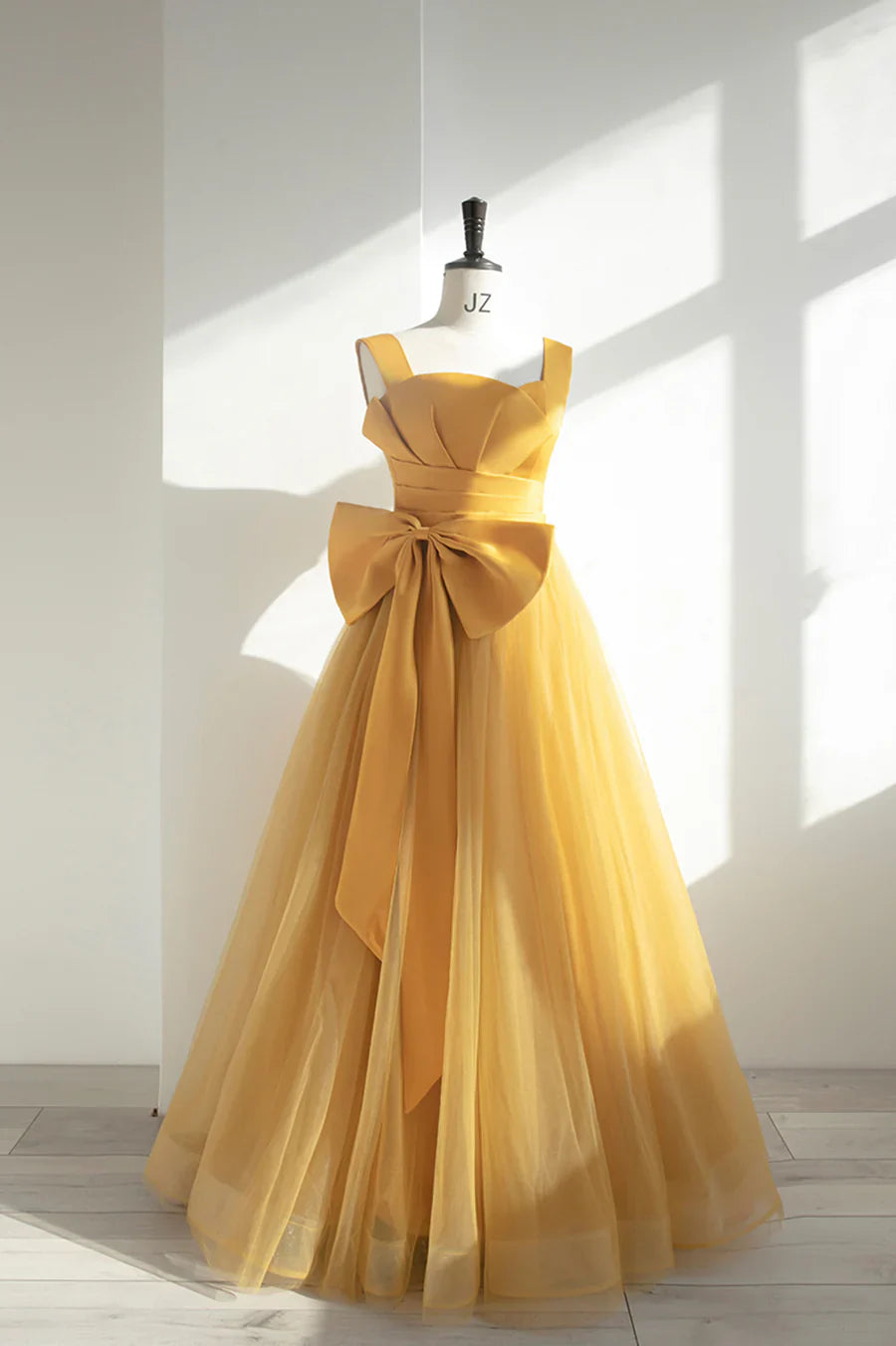 Vestido de fiesta largo de tul satinado amarillo, corte A, con lazo, TP565