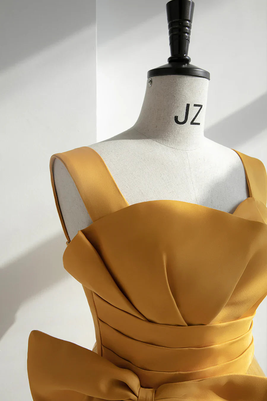 Vestido de fiesta largo de tul satinado amarillo, corte A, con lazo, TP565